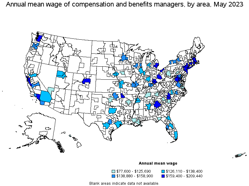 Map of annual mean wages of compensation and benefits managers by area, May 2023
