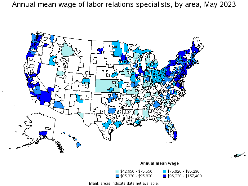 Map of annual mean wages of labor relations specialists by area, May 2023