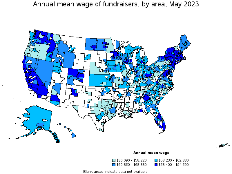 Map of annual mean wages of fundraisers by area, May 2023