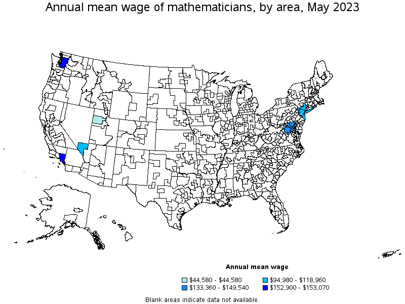 Map of annual mean wages of mathematicians by area, May 2023