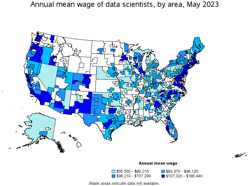 Map of annual mean wages of data scientists by area, May 2023