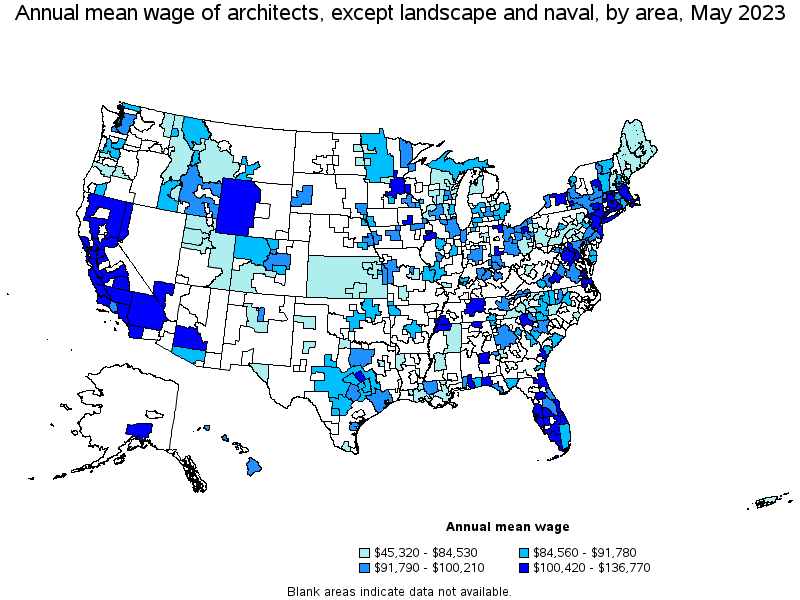 Map of annual mean wages of architects, except landscape and naval by area, May 2023