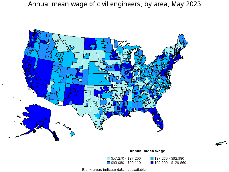 Map of annual mean wages of civil engineers by area, May 2023