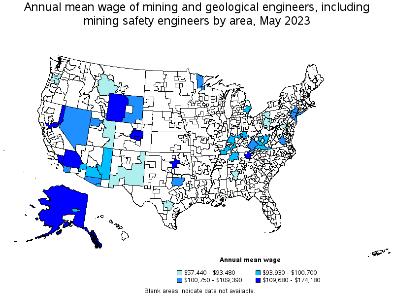 Map of annual mean wages of mining and geological engineers, including mining safety engineers by area, May 2023