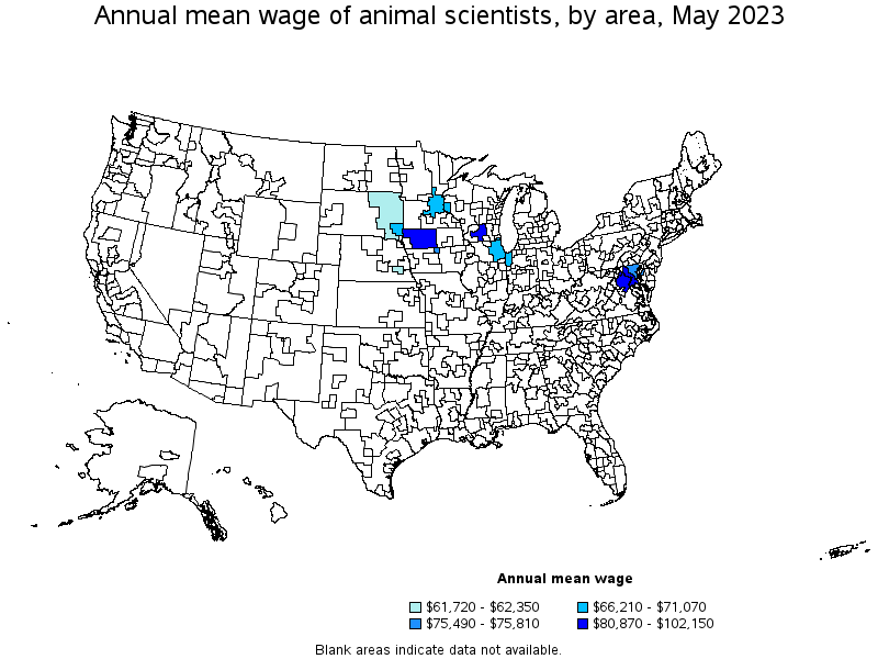 Map of annual mean wages of animal scientists by area, May 2023