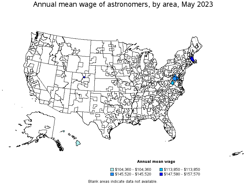 Map of annual mean wages of astronomers by area, May 2023