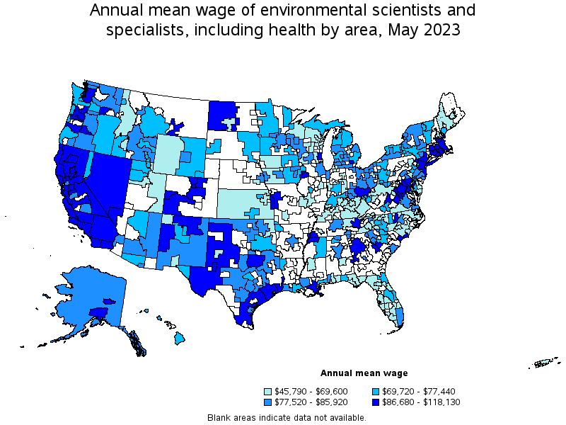 Map of annual mean wages of environmental scientists and specialists, including health by area, May 2023