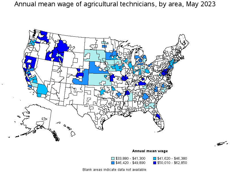 Map of annual mean wages of agricultural technicians by area, May 2023