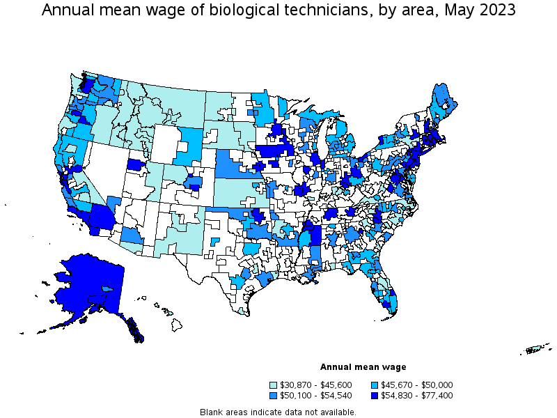 Map of annual mean wages of biological technicians by area, May 2023