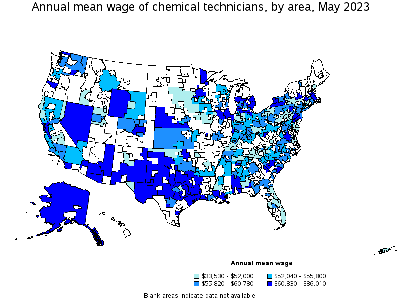 Map of annual mean wages of chemical technicians by area, May 2023