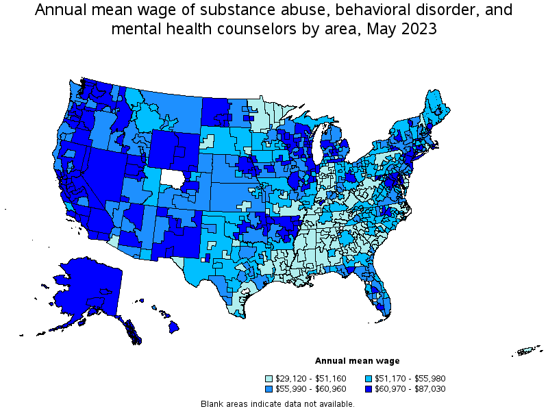 Map of annual mean wages of substance abuse, behavioral disorder, and mental health counselors by area, May 2023