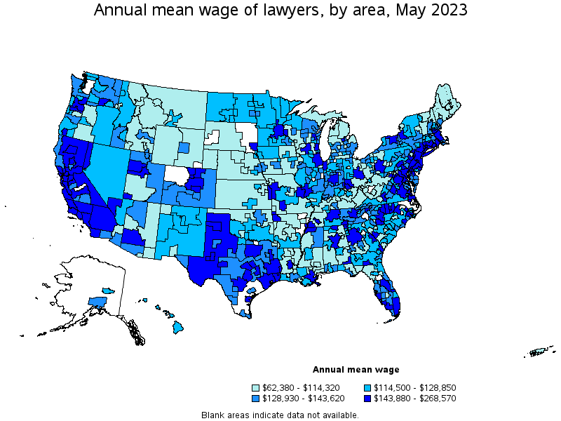 Map of annual mean wages of lawyers by area, May 2023