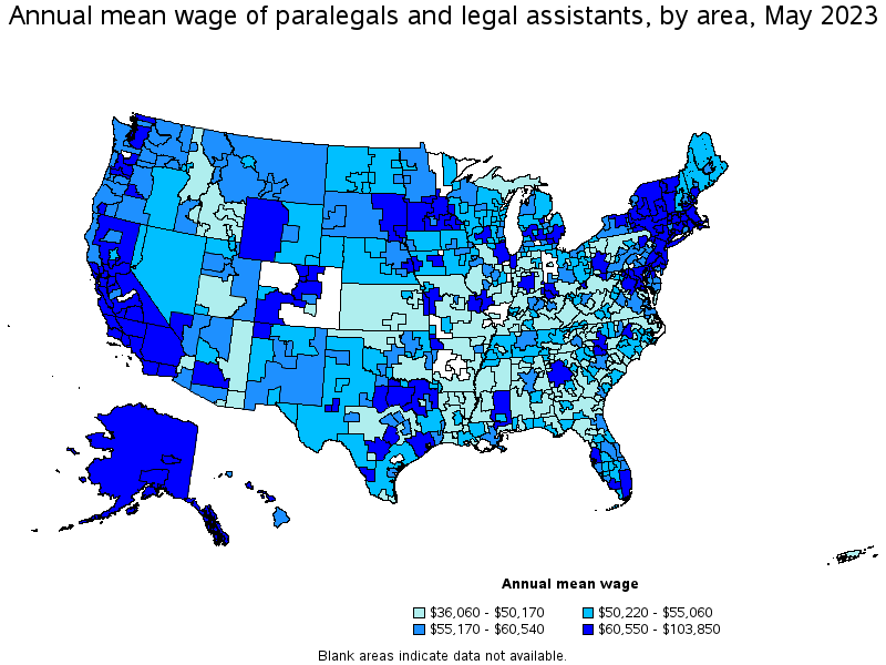 Map of annual mean wages of paralegals and legal assistants by area, May 2022