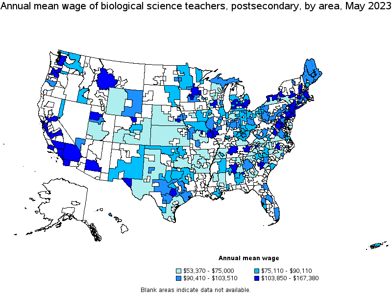 Map of annual mean wages of biological science teachers, postsecondary by area, May 2023
