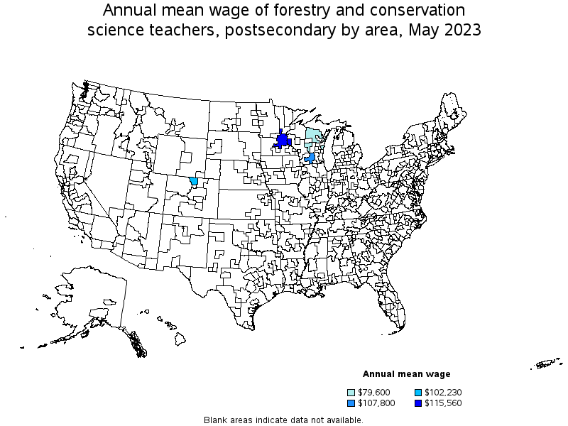 Map of annual mean wages of forestry and conservation science teachers, postsecondary by area, May 2023