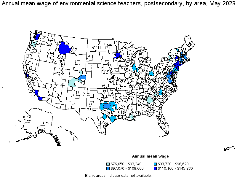 Map of annual mean wages of environmental science teachers, postsecondary by area, May 2023