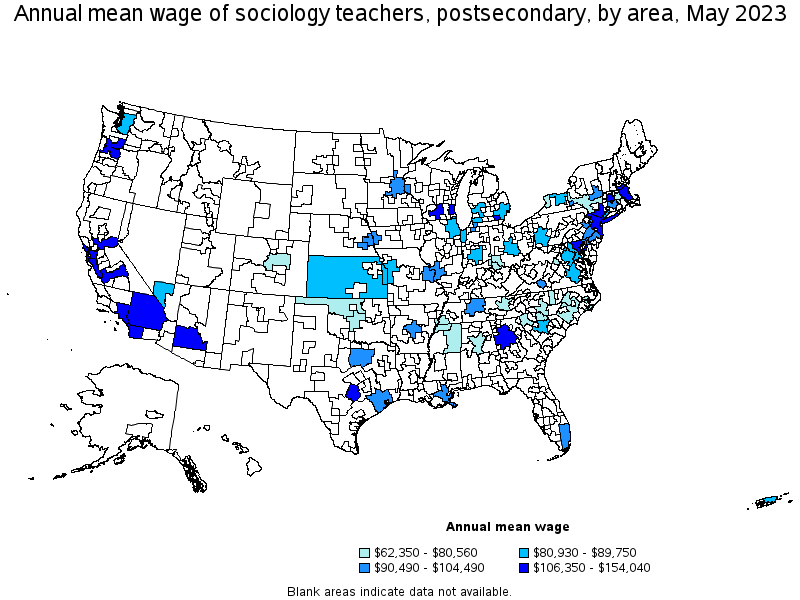 Map of annual mean wages of sociology teachers, postsecondary by area, May 2023