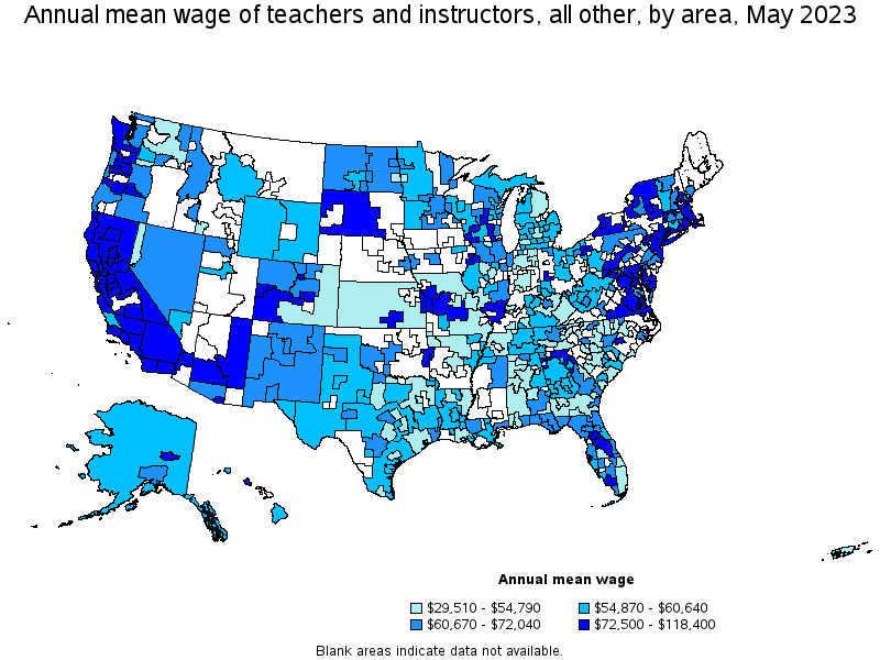 Map of annual mean wages of teachers and instructors, all other by area, May 2022