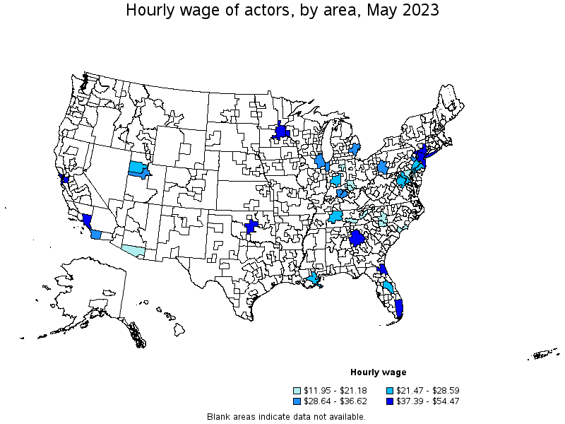 Map of annual mean wages of actors by area, May 2023