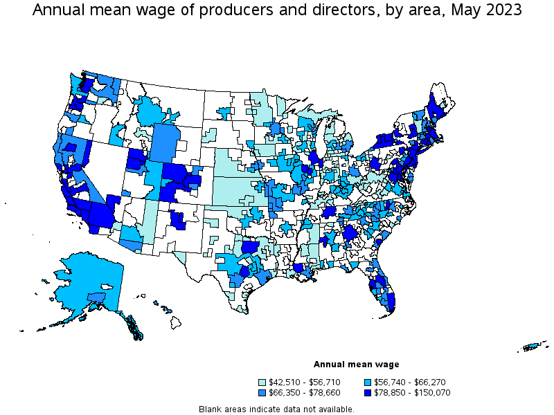Map of annual mean wages of producers and directors by area, May 2023