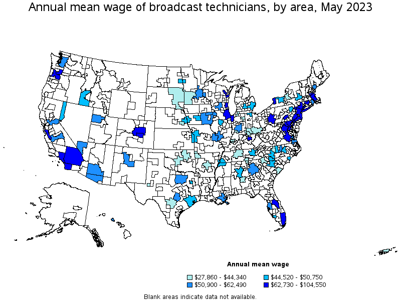 Map of annual mean wages of broadcast technicians by area, May 2023