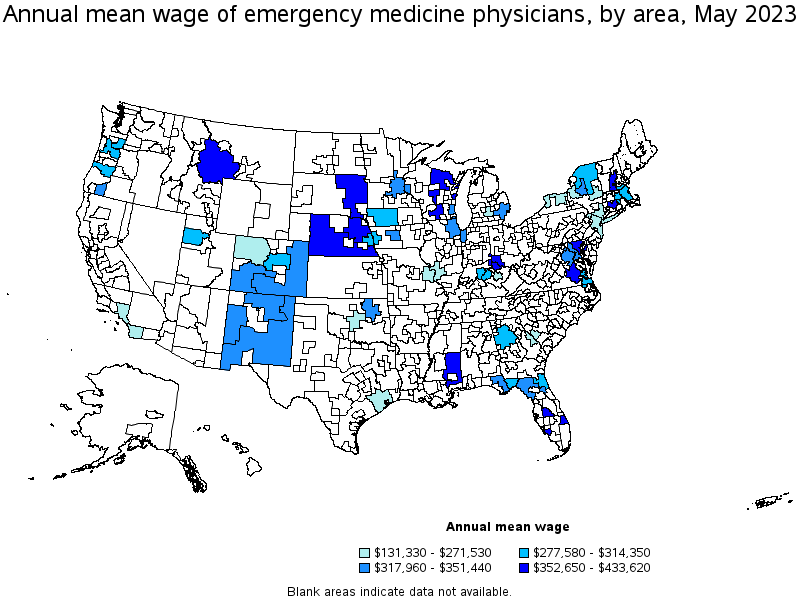 Map of annual mean wages of emergency medicine physicians by area, May 2023