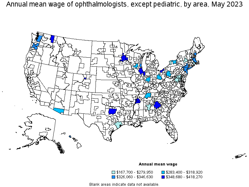 Map of annual mean wages of ophthalmologists, except pediatric by area, May 2023