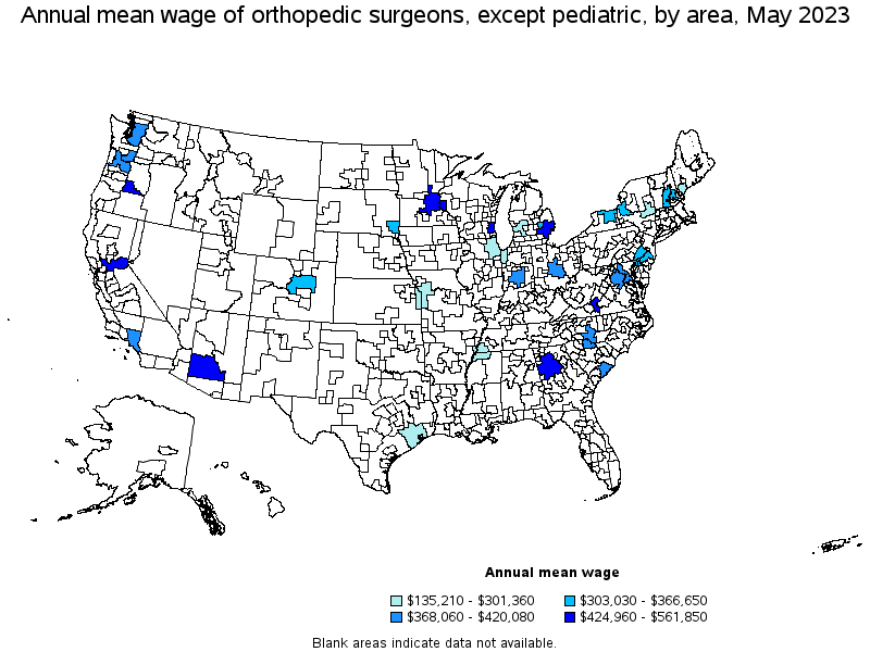 Map of annual mean wages of orthopedic surgeons, except pediatric by area, May 2023