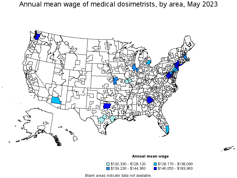 Map of annual mean wages of medical dosimetrists by area, May 2023