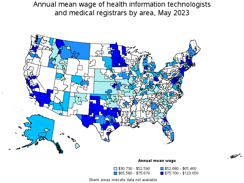 Map of annual mean wages of health information technologists and medical registrars by area, May 2023