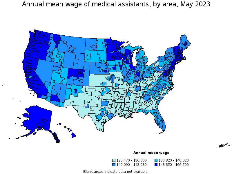 Map of annual mean wages of medical assistants by area, May 2023