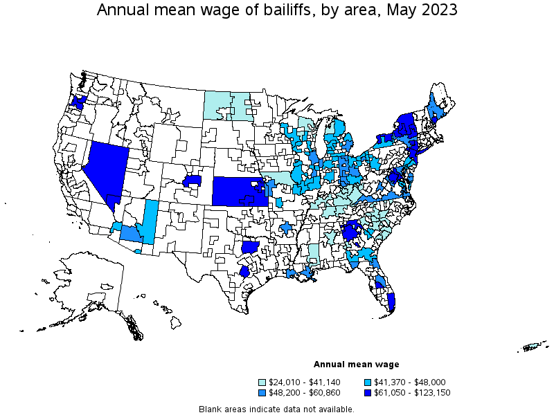 Map of annual mean wages of bailiffs by area, May 2023