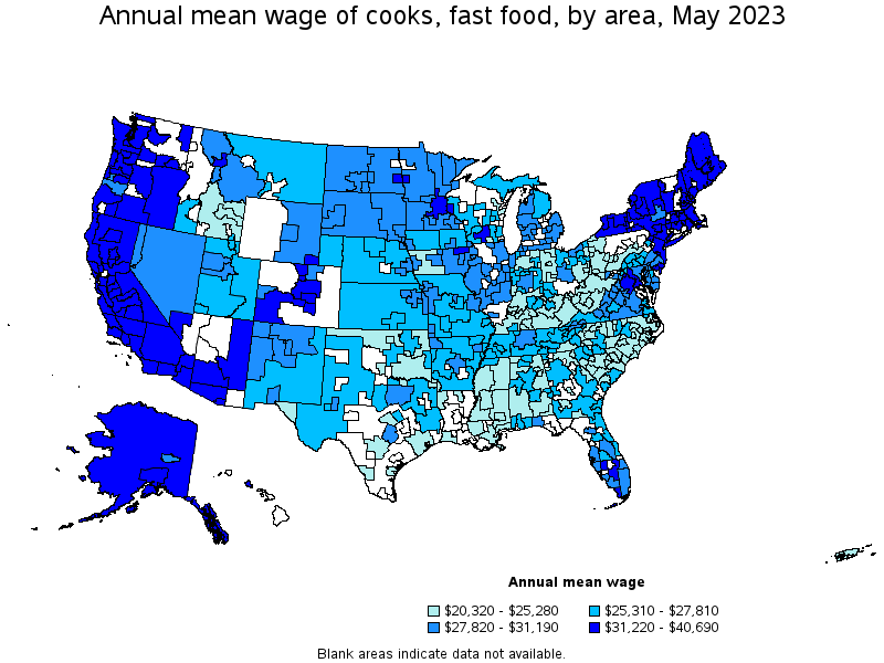 Map of annual mean wages of cooks, fast food by area, May 2023