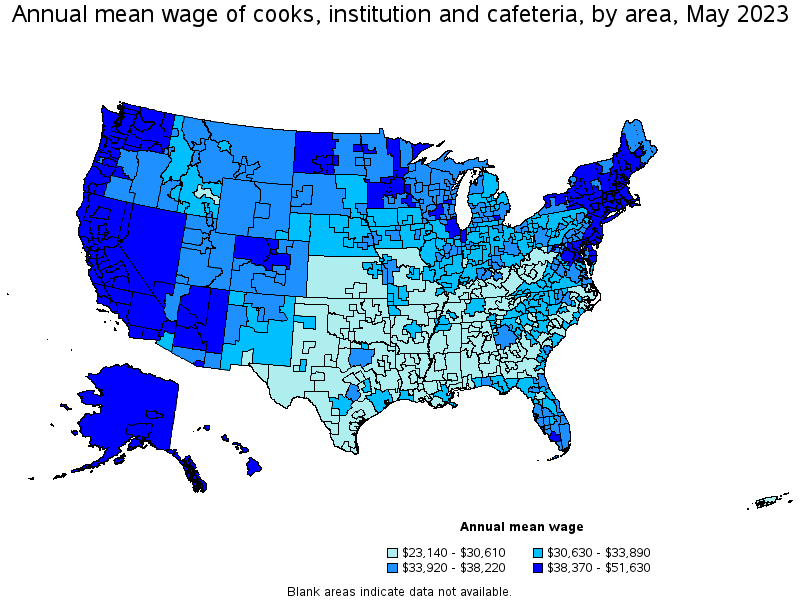 Map of annual mean wages of cooks, institution and cafeteria by area, May 2022