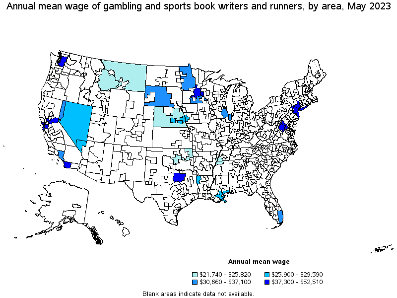 Map of annual mean wages of gambling and sports book writers and runners by area, May 2023