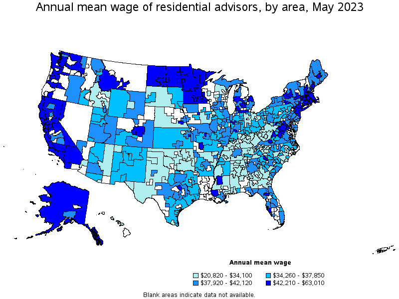 Map of annual mean wages of residential advisors by area, May 2023