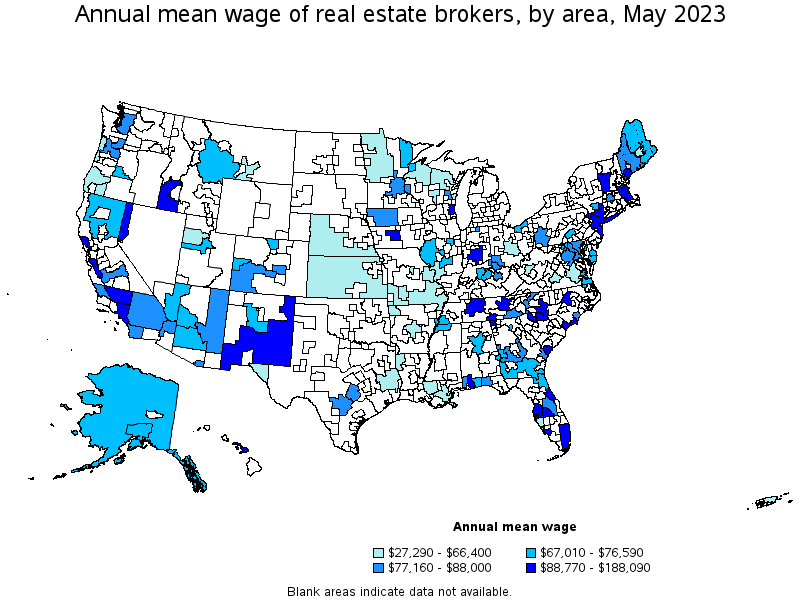 Map of annual mean wages of real estate brokers by area, May 2023