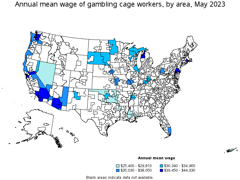 Map of annual mean wages of gambling cage workers by area, May 2023