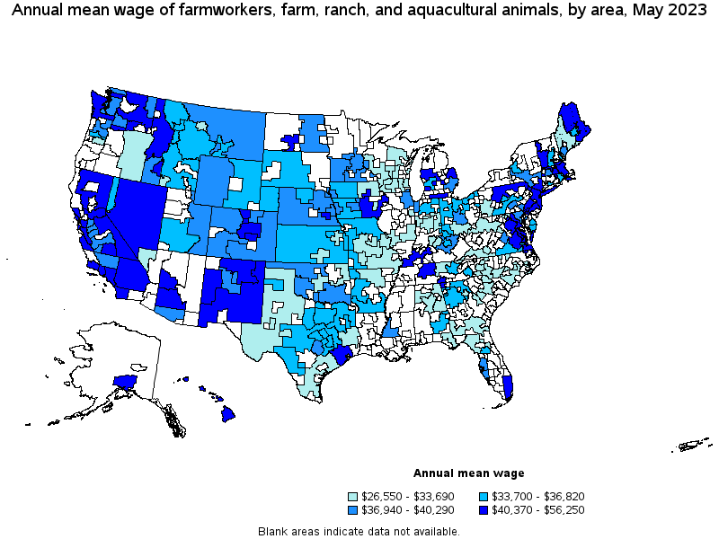 Map of annual mean wages of farmworkers, farm, ranch, and aquacultural animals by area, May 2023