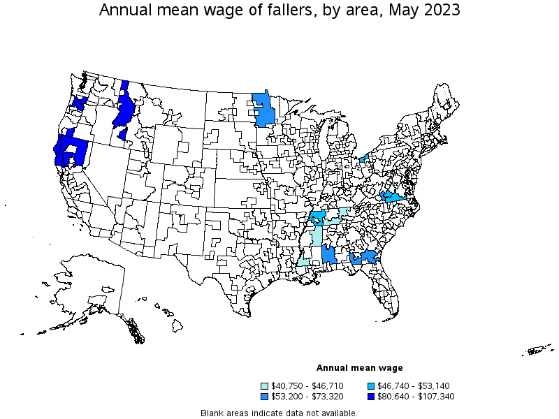 Map of annual mean wages of fallers by area, May 2023