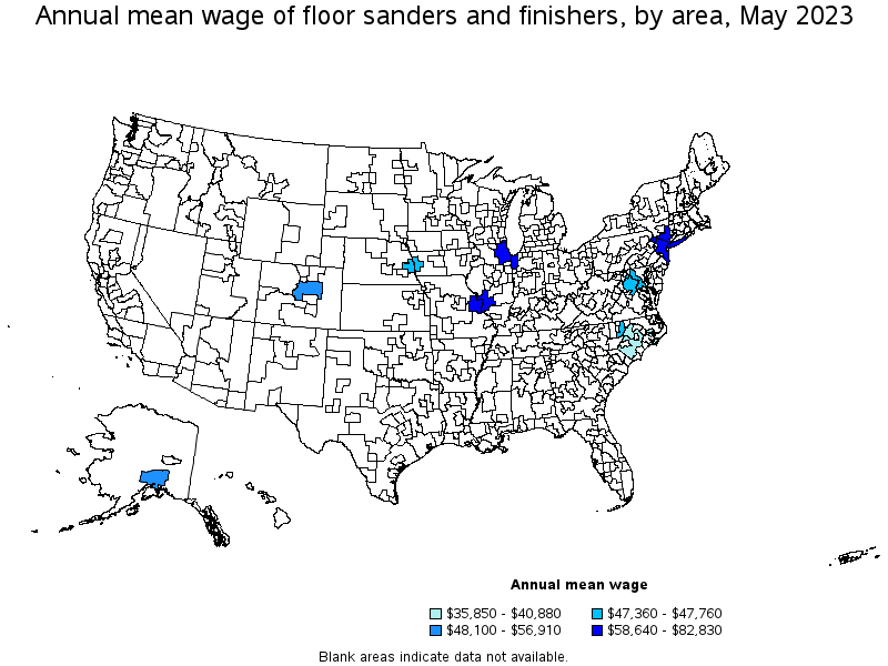 Map of annual mean wages of floor sanders and finishers by area, May 2023