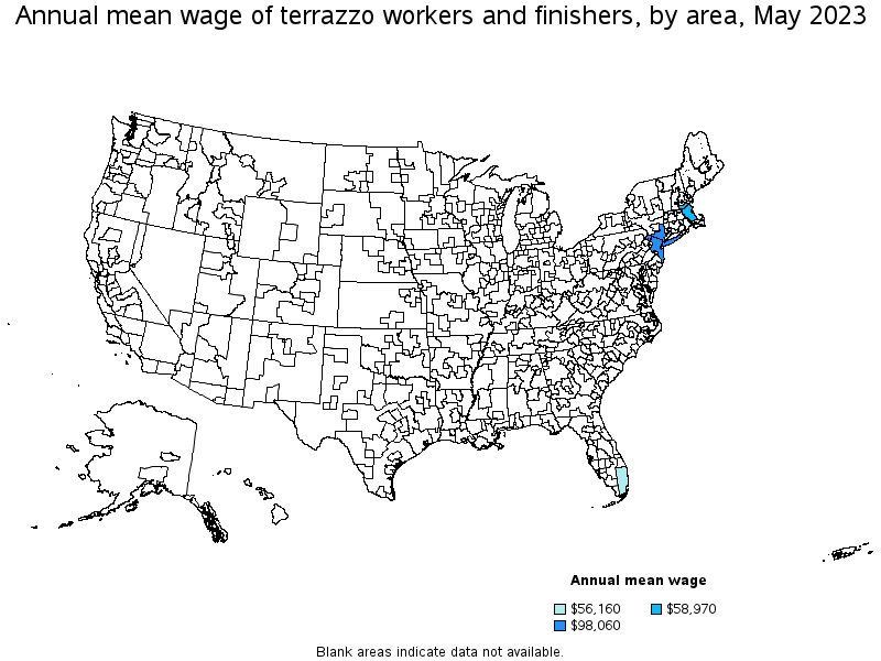 Map of annual mean wages of terrazzo workers and finishers by area, May 2023