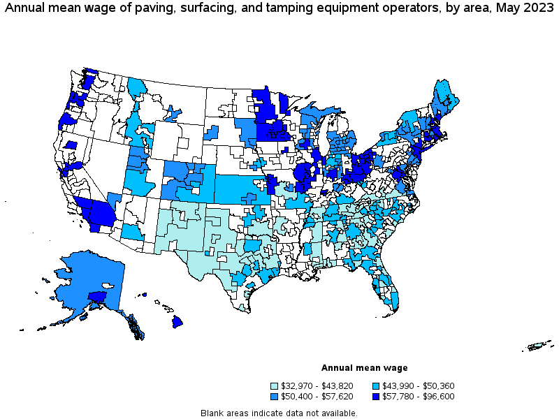 Map of annual mean wages of paving, surfacing, and tamping equipment operators by area, May 2023