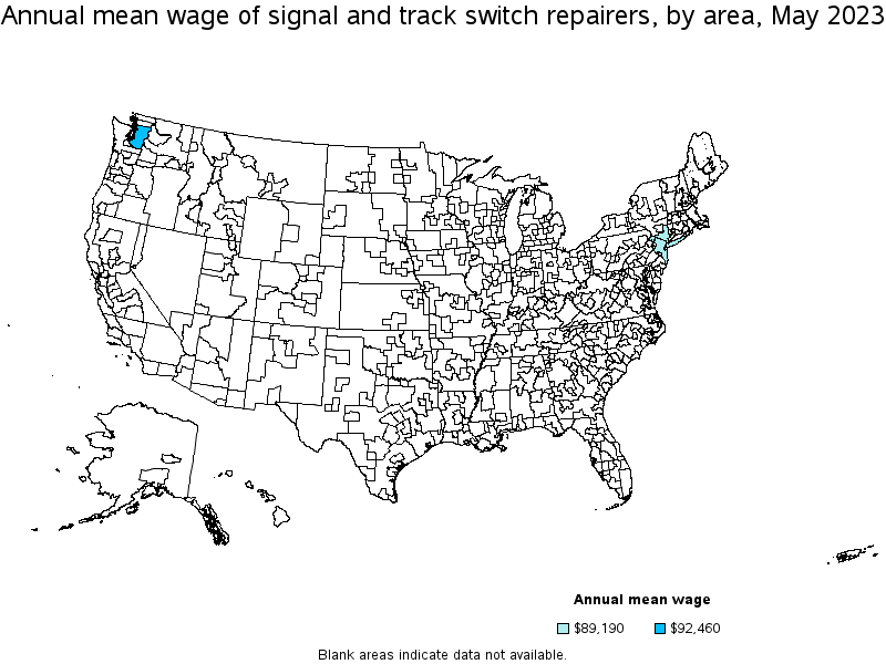 Map of annual mean wages of signal and track switch repairers by area, May 2023
