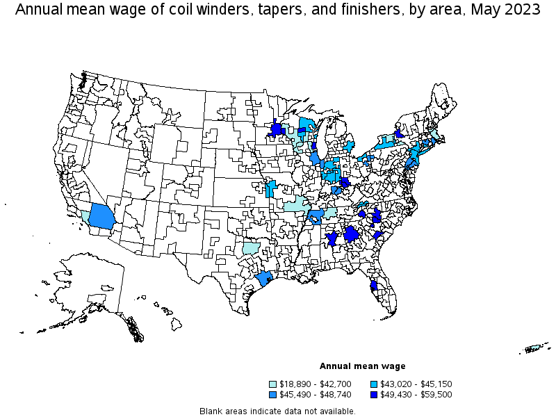 Map of annual mean wages of coil winders, tapers, and finishers by area, May 2023