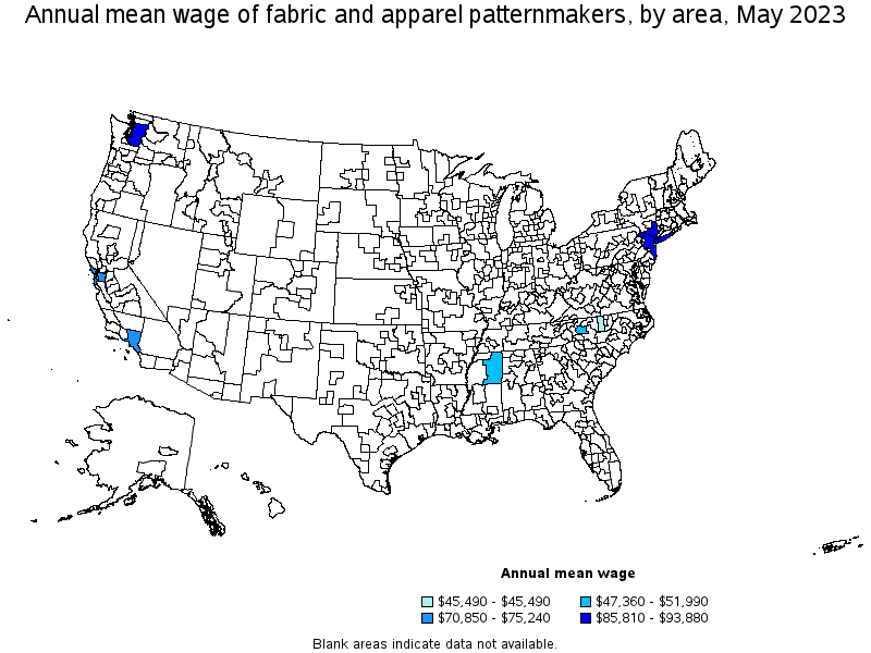 Map of annual mean wages of fabric and apparel patternmakers by area, May 2023