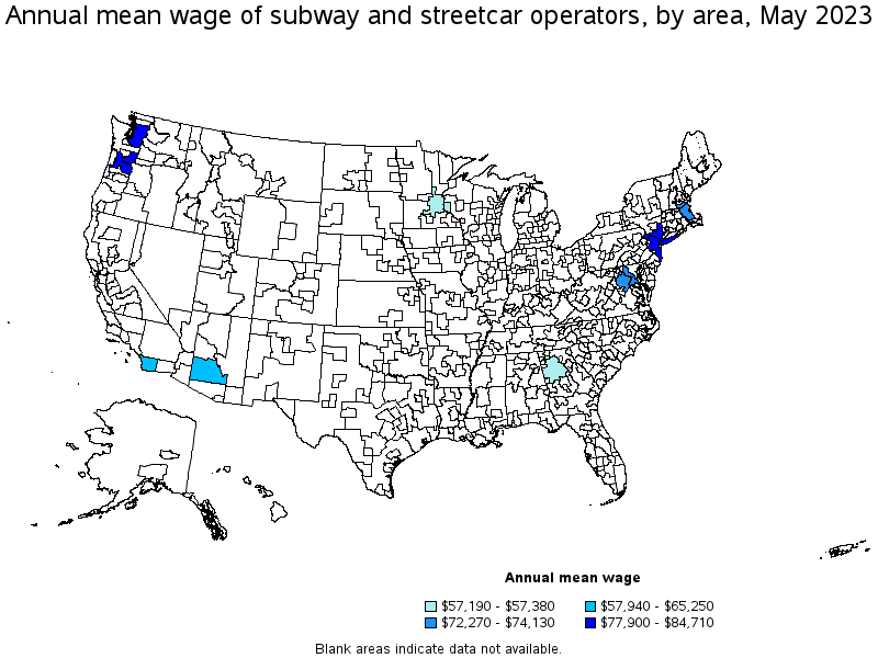 Map of annual mean wages of subway and streetcar operators by area, May 2023