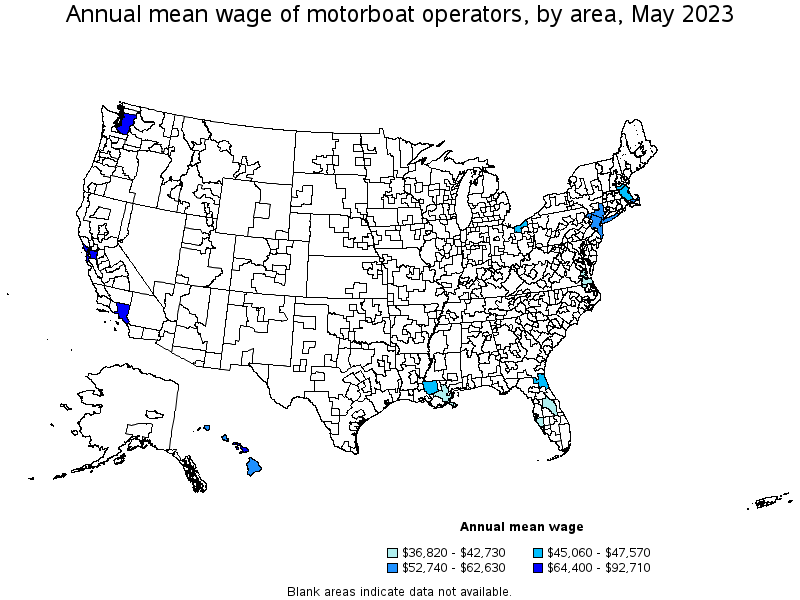 Map of annual mean wages of motorboat operators by area, May 2023