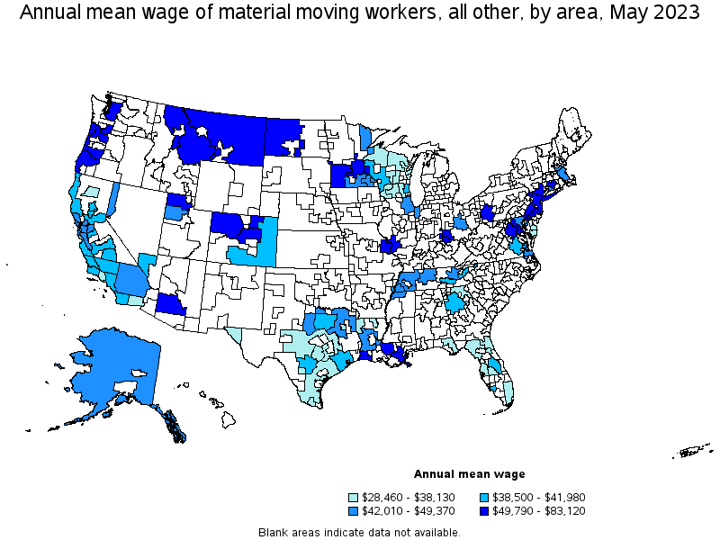 Map of annual mean wages of material moving workers, all other by area, May 2023