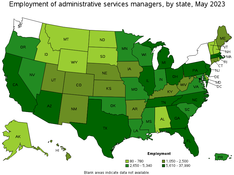 Map of employment of administrative services managers by state, May 2023